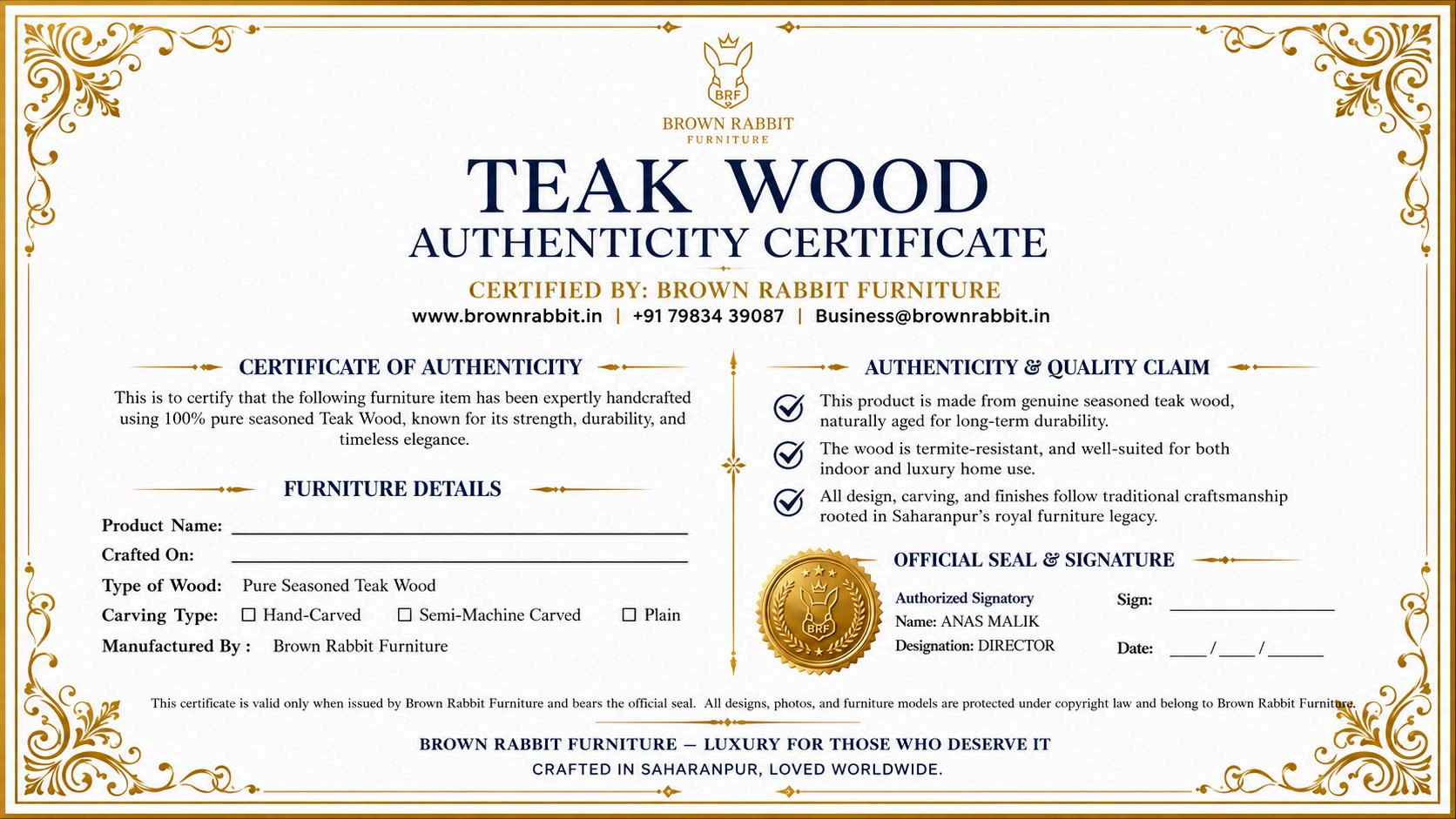 Wood Purity Certificate